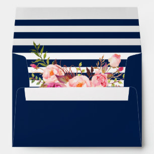 Watercolor Pink Floral Navy Blue Stripes Envelope
