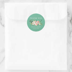 Watercolor Pink Floral Neo Mint Wedding Classic Round Sticker