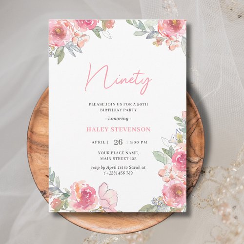 Watercolor Pink Floral Ninety 90th Chic Birthday Invitation