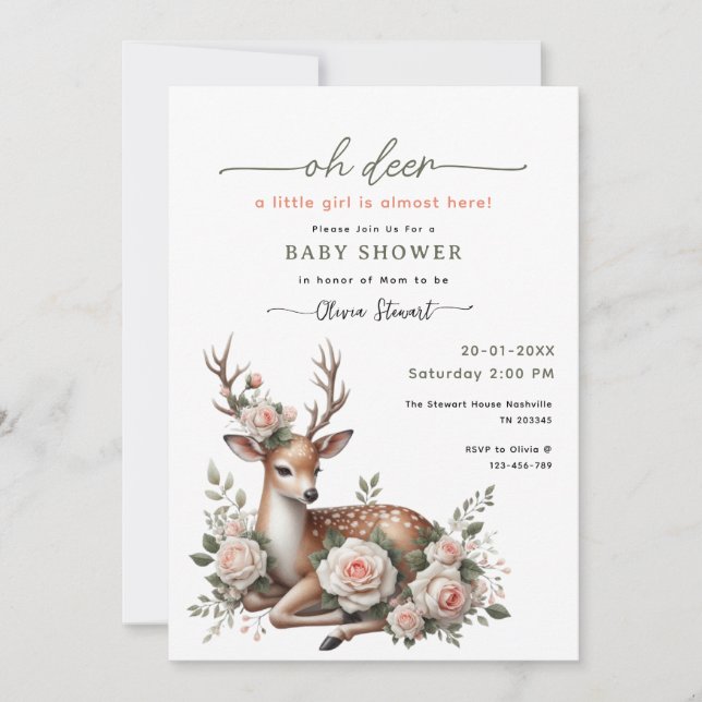 Watercolor Pink Floral oh deer baby shower  Invitation (Front)