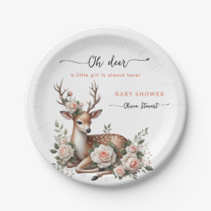 Watercolor Pink Floral oh deer baby shower Paper Plates