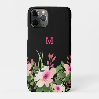 Watercolor Pink Floral On Black Monogrammed Iphone 11 Pro Case by InitialsMonogram at Zazzle