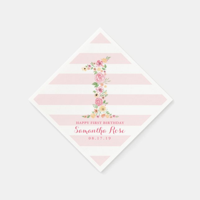 Watercolor Pink Floral One First Birthday Paper Napkins (Corner)