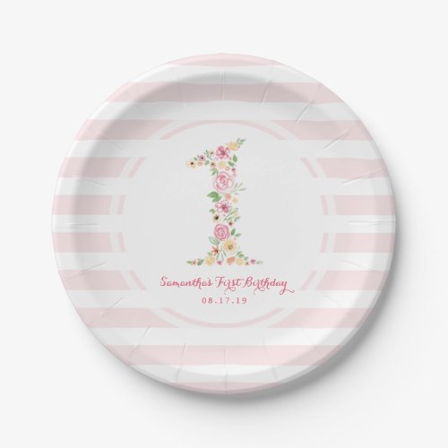 Watercolor Pink Floral One First Birthday Paper Plates