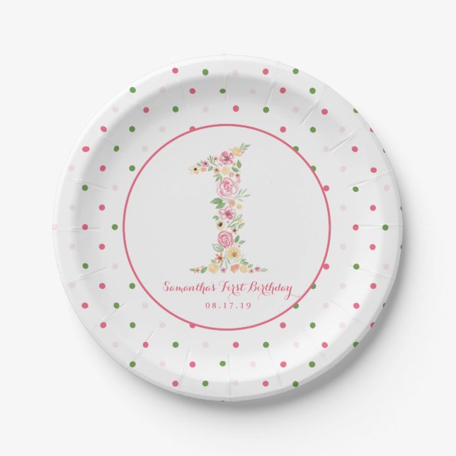 Watercolor Pink Floral One First Birthday Paper Plates (Front)