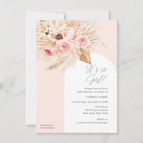 Watercolor pink floral pampas baby girl shower invitation