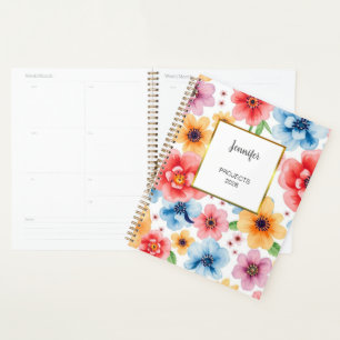 Watercolor pink floral pattern monogram name planner