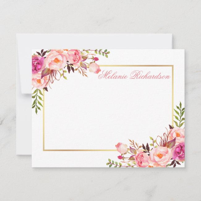 Watercolor Pink Floral Personalized Gold Frame Note Card