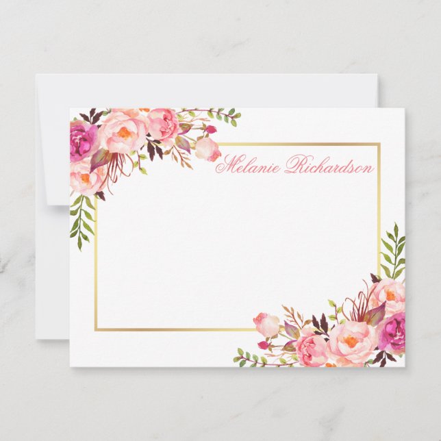 Watercolor Pink Floral Personalized Gold Frame Note Card (Front)