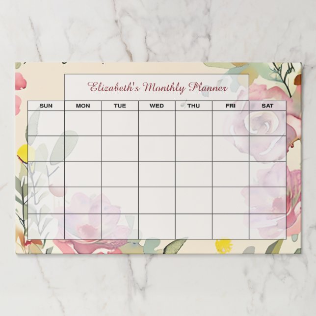 Watercolor pink floral personalized month planner paper pad (Front)