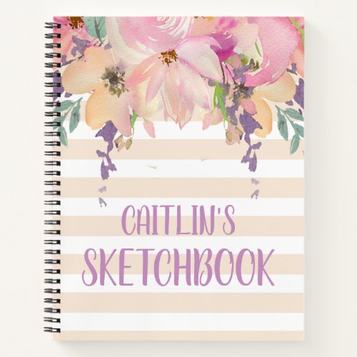 Watercolor Pink Floral Personalized Sketchbook Notebook