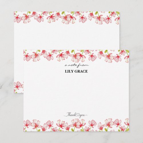 Watercolor Pink Floral Personalized Thank You Note Card