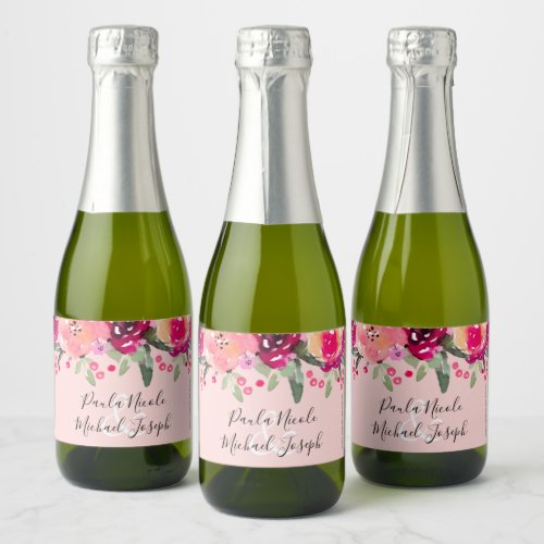 Watercolor Pink Floral Personalized Wedding Mini Sparkling Wine Label