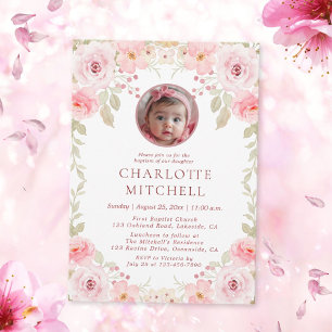 Watercolor Pink Floral Photo Baptism Invitation