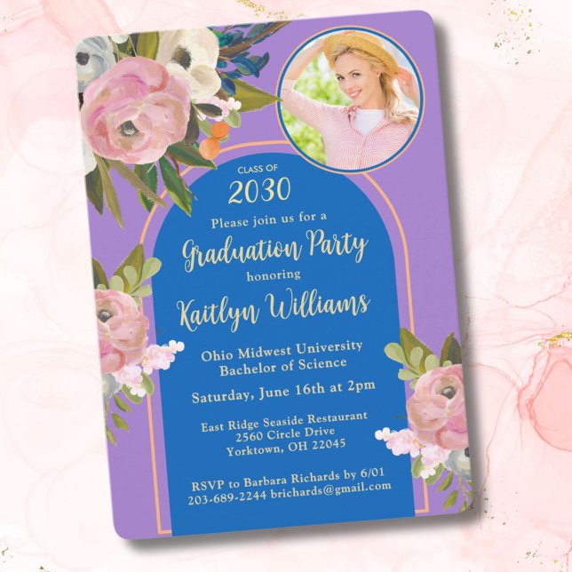  Watercolor Pink Floral Photo Graduation Party Invitation (Creator Uploaded)