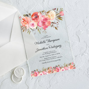 Watercolor Pink Floral Photo Wedding Acrylic Invitations