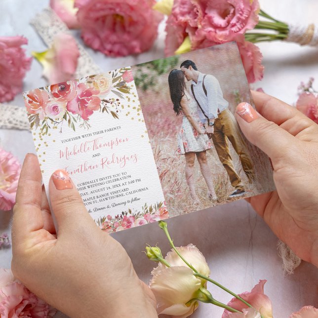 Watercolor Pink Floral Photo Wedding Invitation (Creator Uploaded)