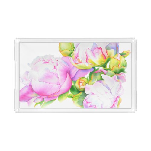 Watercolor pink floral pink peonies white floral acrylic tray