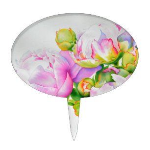 Watercolor pink floral pink peonies white floral cake topper