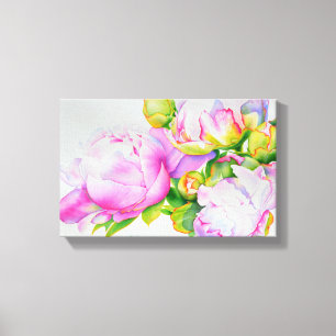 Watercolor pink floral pink peonies white floral canvas print
