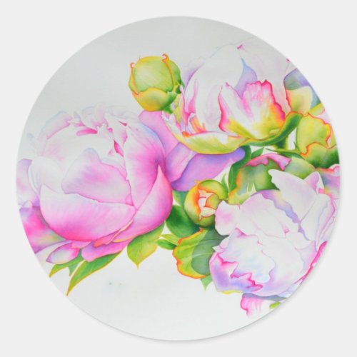 Watercolor pink floral pink peonies white floral classic round sticker
