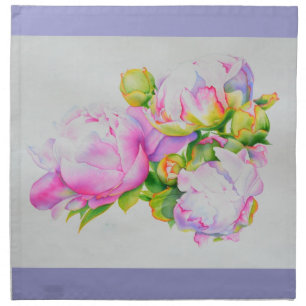 Watercolor pink floral pink peonies white floral cloth napkin