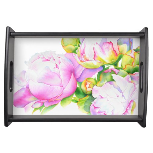 Watercolor pink floral pink peonies white floral serving tray