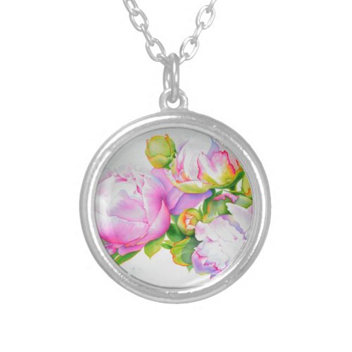 Watercolor pink floral pink peonies white floral silver plated necklace