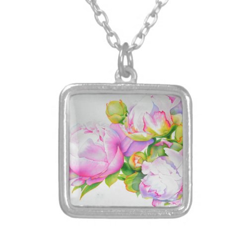Watercolor pink floral pink peonies white floral silver plated necklace