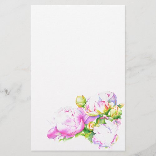 Watercolor pink floral pink peonies white floral stationery