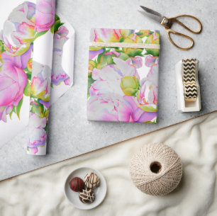 Watercolor pink floral pink peonies white floral wrapping paper