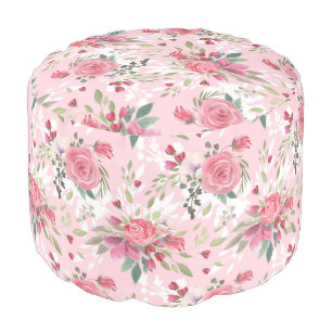Watercolor Pink Floral Pouf