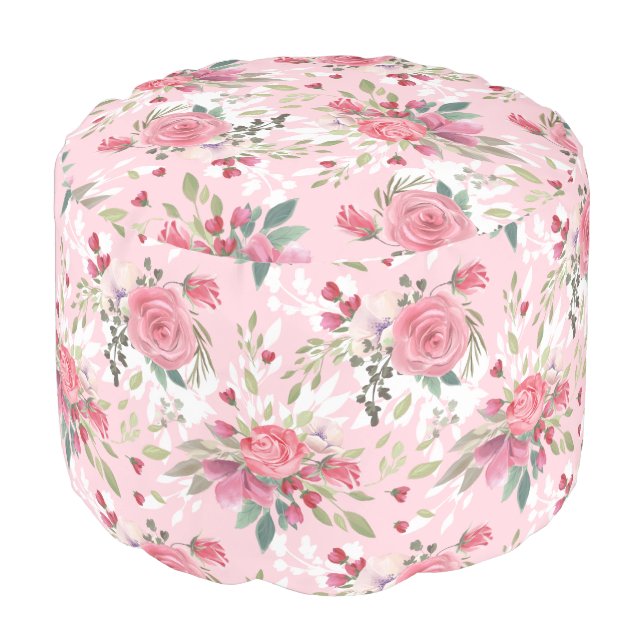 Watercolor Pink Floral Pouf (Angled Front)