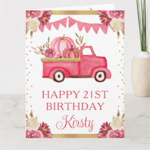Watercolor Pink Floral Pumpkins Truck Birthday Card