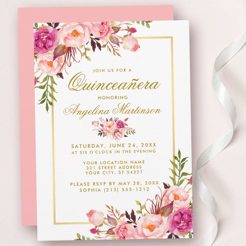 Watercolor Pink Floral Quinceanera Gold Invitation