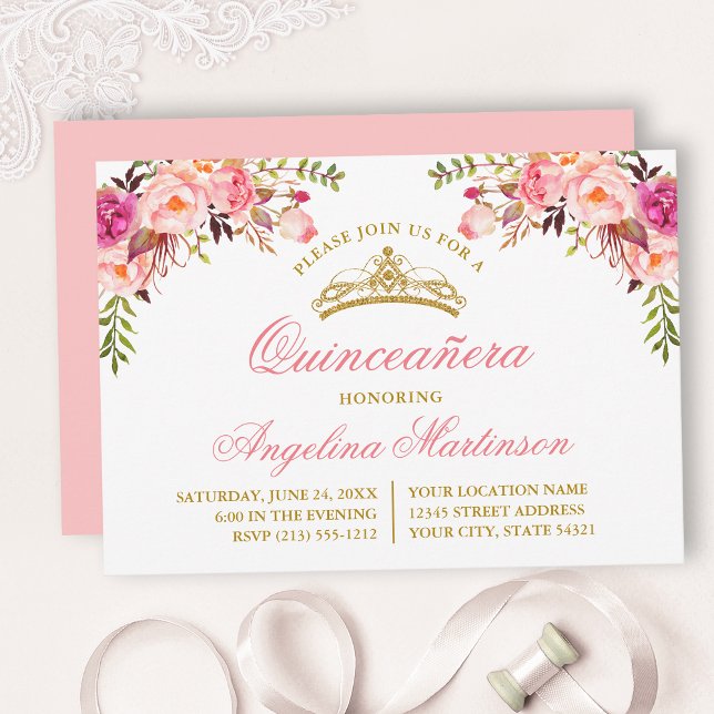 Watercolor Pink Floral Quinceanera Party Invitation (Customize to change text color, style, add text & photos to back or change color of back of card.)
