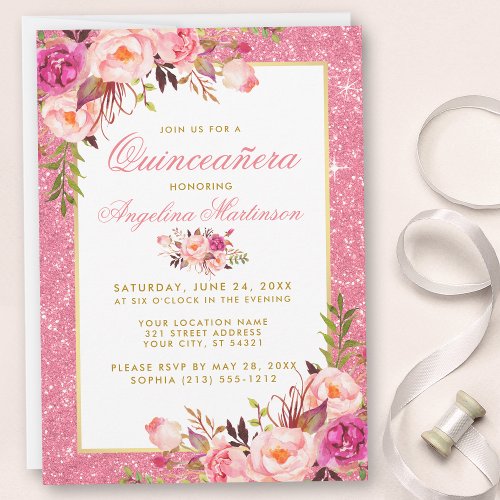 Watercolor Pink Floral Quinceanera Pink Glitter Invitation