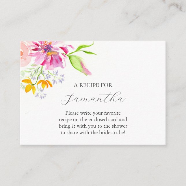 Watercolor Pink Floral Recipe For Bride Enclosure Card (Front)