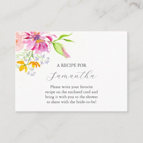 Watercolor Pink Floral Recipe For Bride Enclosure Card