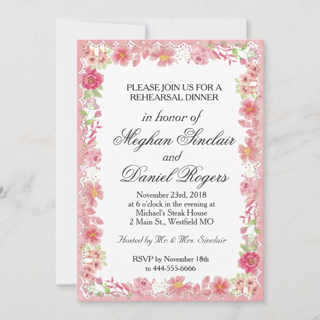 Watercolor Pink Floral Rehearsal Dinner Invitation (Front)