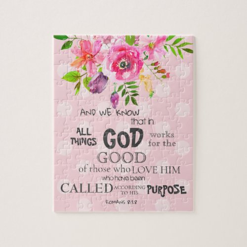 Watercolor Pink Floral Romans 828 Bible Verse Jigsaw Puzzle