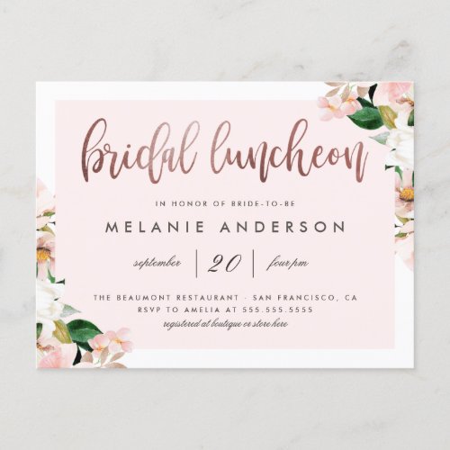 Watercolor Pink Floral Rose Gold Bridal Luncheon Invitation Postcard