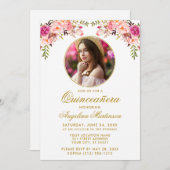 Watercolor Pink Floral Round Frame Quinceanera Invitation (Front/Back)