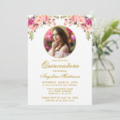 Watercolor Pink Floral Round Frame Quinceanera Invitation (Standing Front)