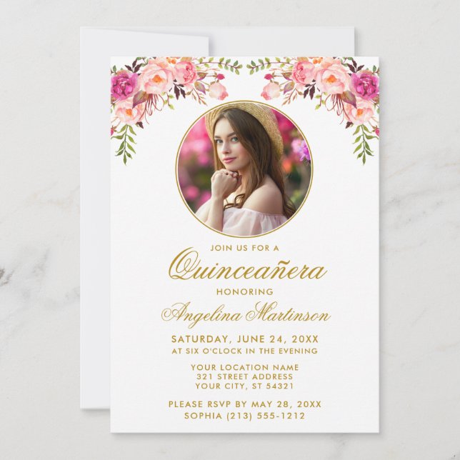 Watercolor Pink Floral Round Frame Quinceanera Invitation (Front)
