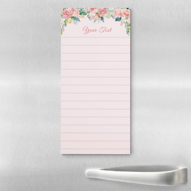 Watercolor Pink Floral Ruled Lined Personalized Magnetic Notepad (In Situ)