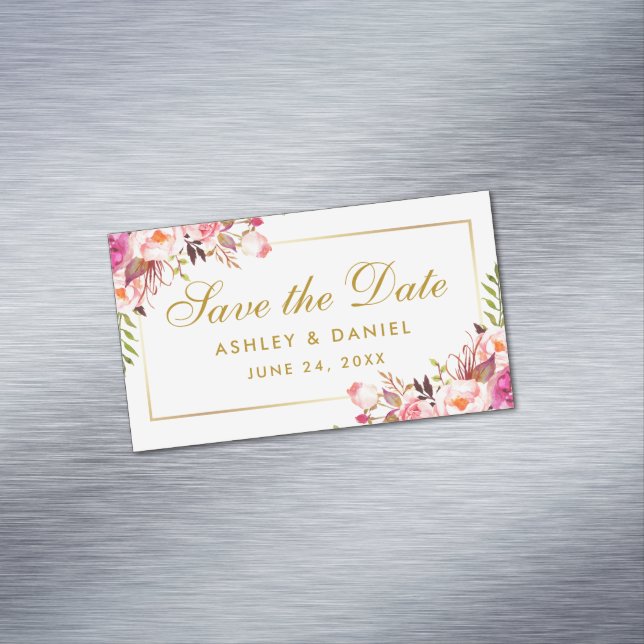 Watercolor Pink Floral Save The Date Mini Magnet (In Situ)