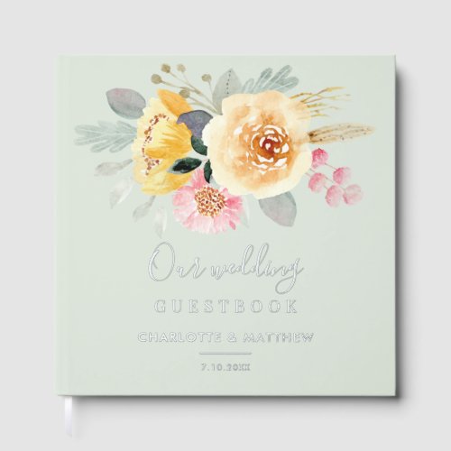 Watercolor Pink Floral Script Wedding Silver Foil Foil Guest Book