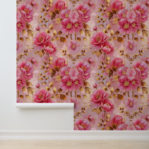 Watercolor Pink Floral Shimmer Gold Peel and Stick Wallpaper