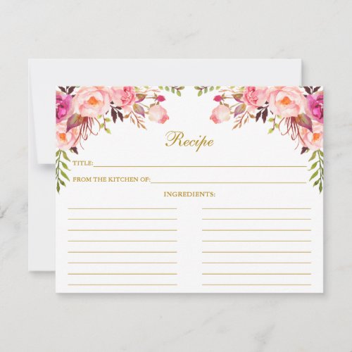 Watercolor Pink Floral Shower Gold Recipe Card